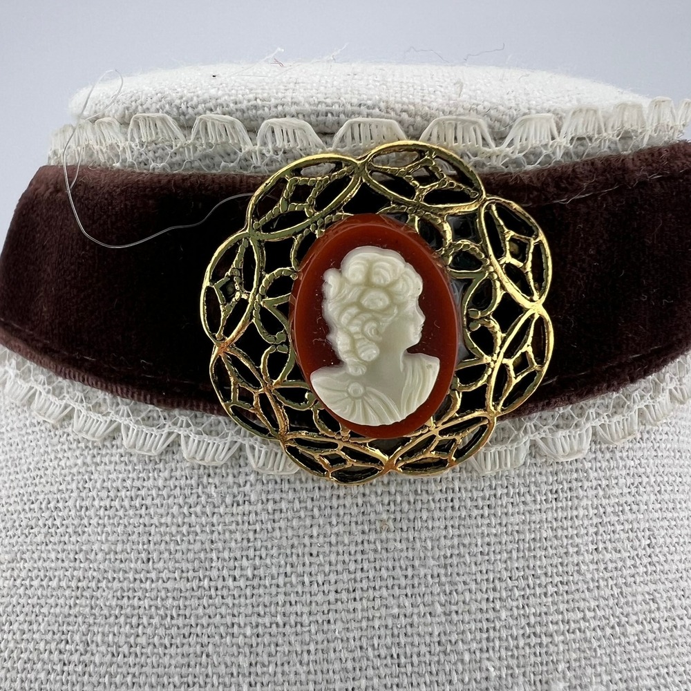 Brown Velvet Lace Choker Necklace Cameo Style Gold Tone Pendant